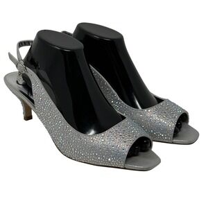 J. Renee Impuls Silver‎ Rhinestone Peep Toe Slingback Heels Women's 9.5W Formal